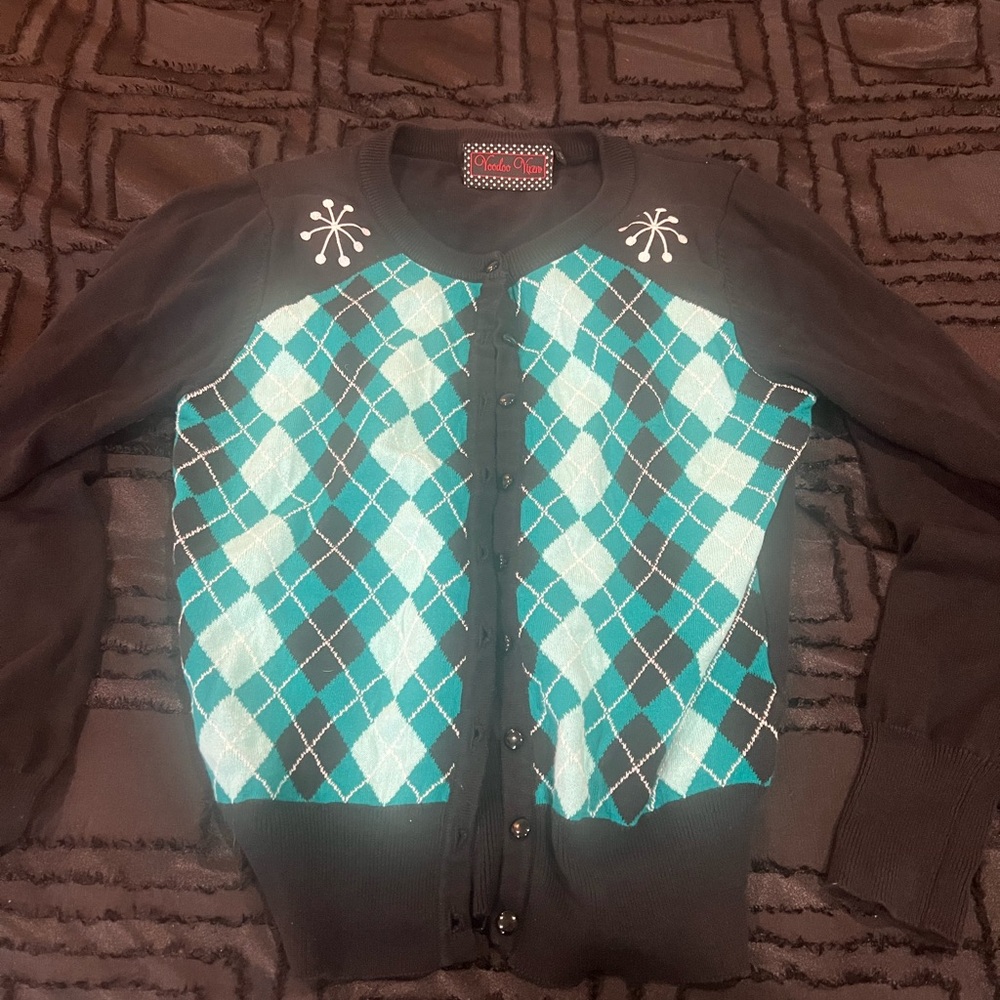 Voodoo Vixen Turquoise and White Argyle Cardigan